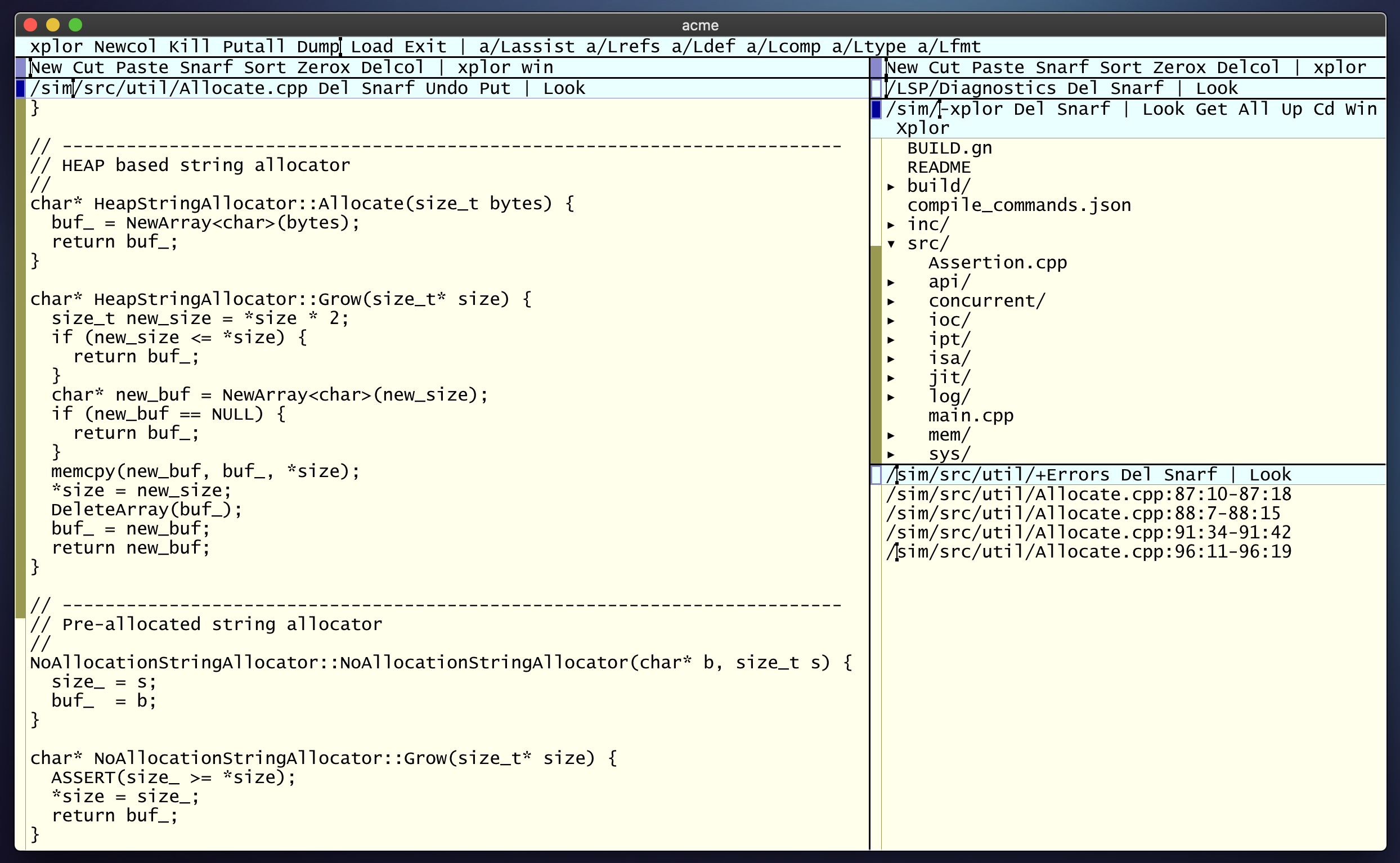 Acme editor with acme-lsp/ccls editing C++